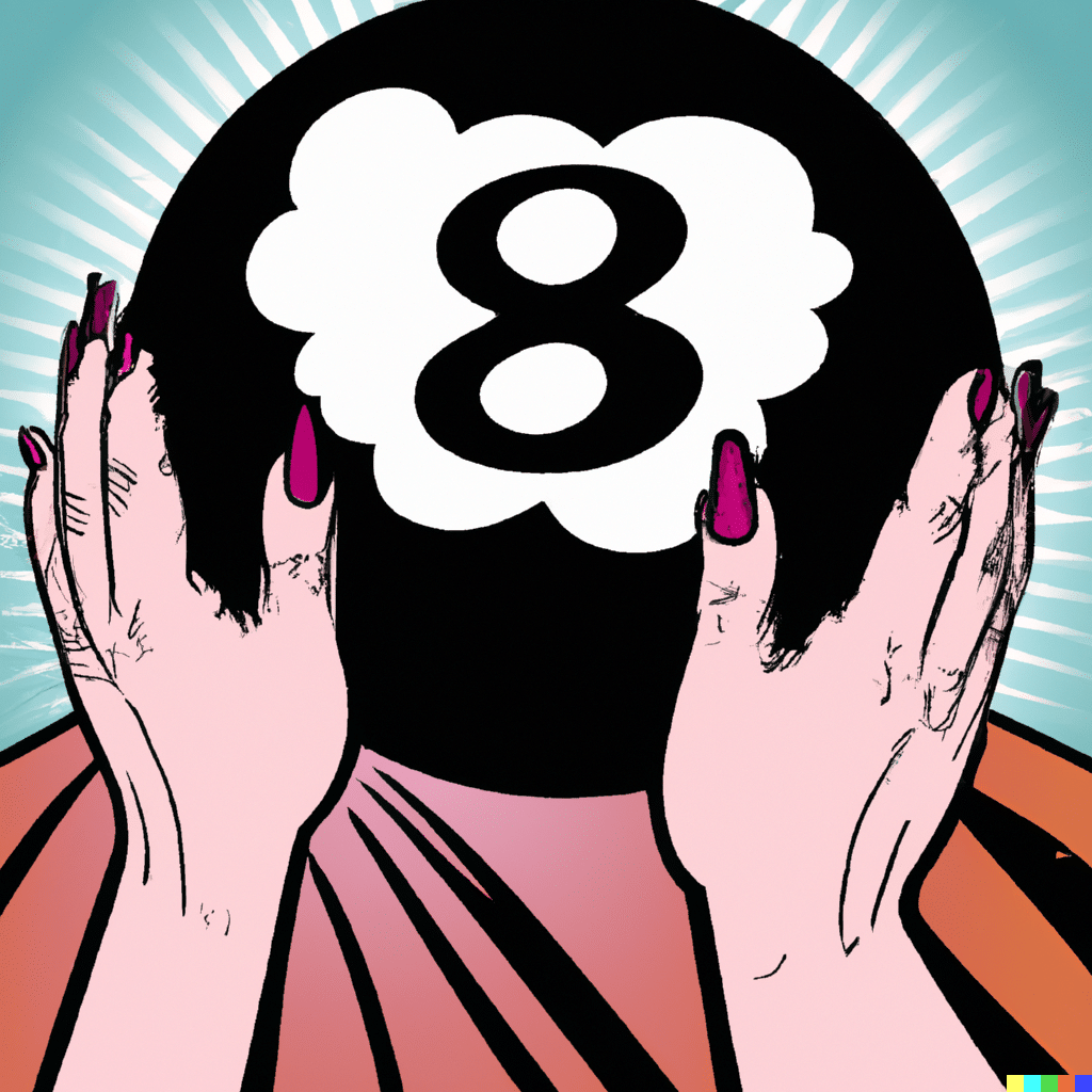 DALL·E 2023 02 14 23.32.39 a pop image style pair of hands holding a magic eight ball in close up